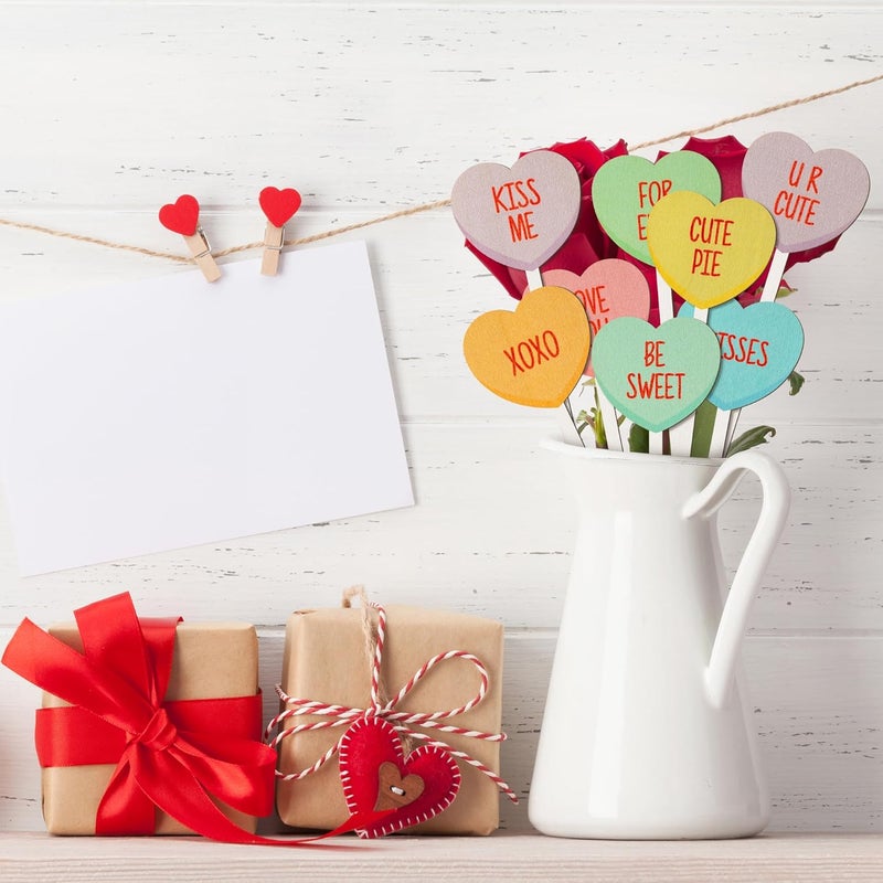 TICIAGA Valentines Wooden Decorative Picks - 14PCS Valentine’s Day Double-Sided Wooden Heart Picks with Words Romantic Farmhouse Decor Colorful Floral Holiday Decorations for Home Vase Filler - Image 4